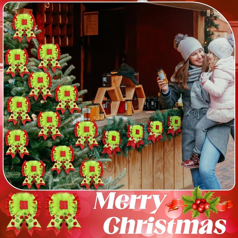 Knitgrip 12 Pcs Red Green Christmas Bows Christmas Tree Decoration Lime Green Wreaths Velvet Bow Tree Topper with Fluffy Ornaments for Xmas Party (Elegant) - Image 5